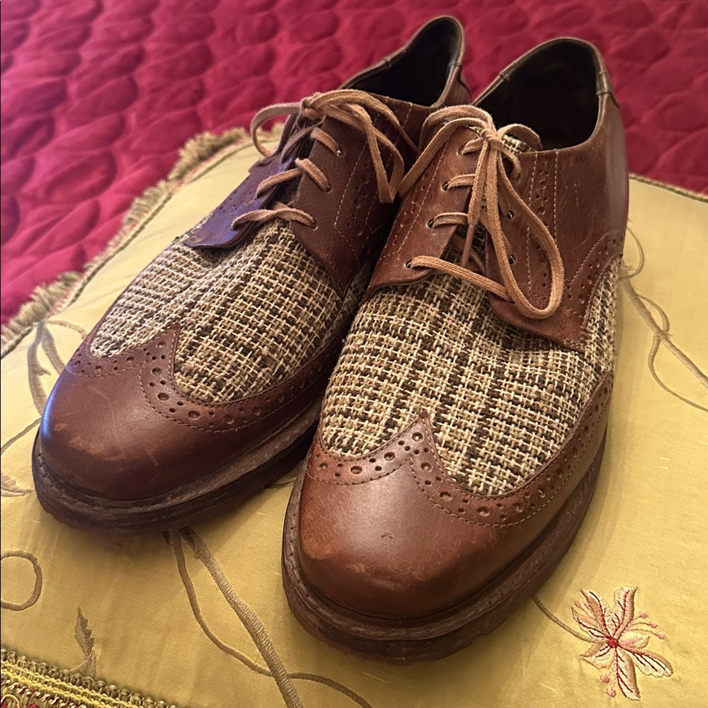 J Brand Chestnut and Beige Oxford Brogues tweed fabric Shoes 11.5